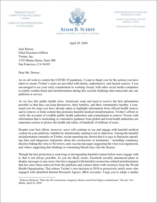 Adam Schiff letter to Jack Dorsey Twitter 1