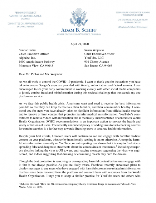 Adam Schiff letter to Sundar Pichai and Susan Wojcicki