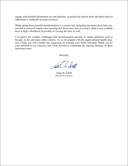 Adam Schiff letter to Sundar Pichai and Susan Wojcicki 2