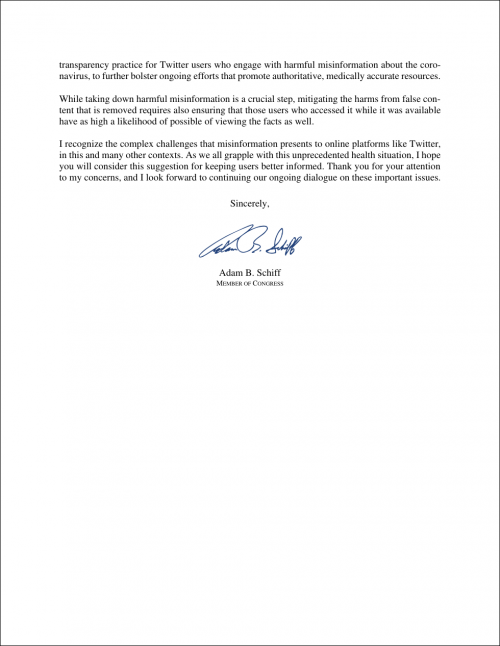 Adam Schiff letter to Jack Dorsey Twitter 2