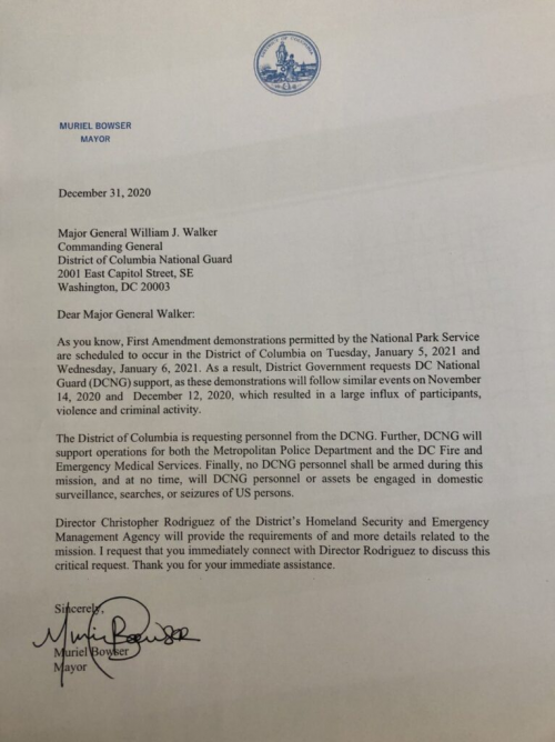 DC Mayor Muriel Bowser letter national guard january 6 2021