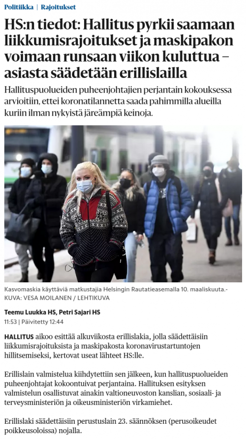 Liikkumisrajoitukset ja maskipakko HS