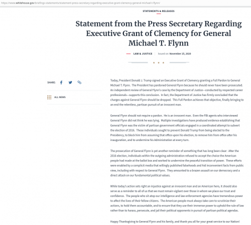 Michael Flynn clemency white house press release