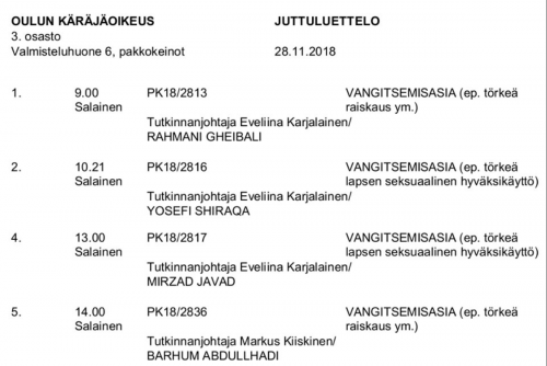 Oulu raiskausoikeudenkäynti juttuluettelo 28.11.2018