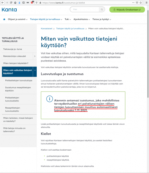 Omakanta automaattinen tietojen jako voimaan 1.11.2021