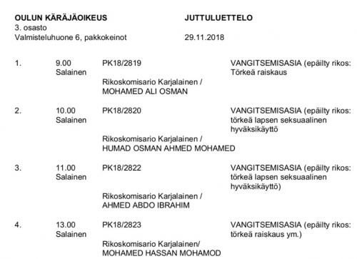 Oulu raiskausoikeudenkäynti juttuluettelo 28.11.2018 2