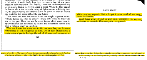 Sources
Quotes are from the book On War - Carl von Clausewitz
Definitions are from DOD dictionary https://www.hsdl.org/c/abstract/?docid=886178

Archive of older version of the dictionary:
https://web.archive.org/web/20210901042549/https://irp.fas.org/doddir/dod/dictionary.pdf